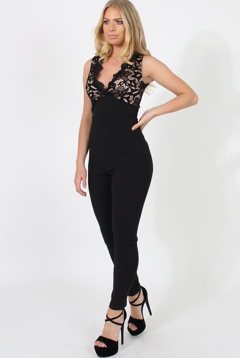 Black Lace Plunge Jumpsuit - Stella-Jumpsuits