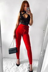 Black Lace Plunge Ribbon Front Bodysuit - Elsey-Bodysuits