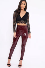 Black Lace Plunge Scalloped Hem Crop Top - Elouise-Crop Tops