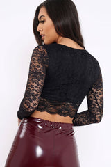 Black Lace Plunge Scalloped Hem Crop Top - Elouise-Crop Tops