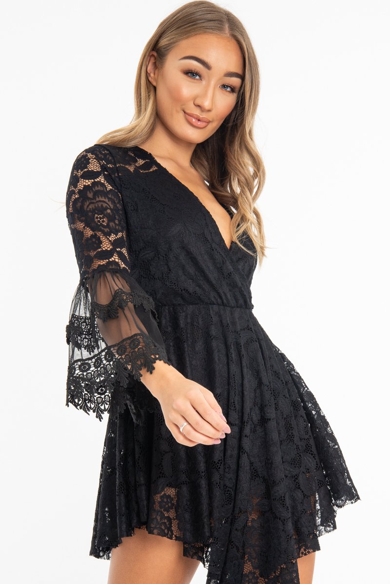 Black Lace Plunge Wrap Bell Sleeve Mini Dress - Kristina-Dresses
