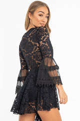 Black Lace Plunge Wrap Bell Sleeve Mini Dress - Kristina-Dresses