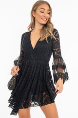 Black Lace Plunge Wrap Bell Sleeve Mini Dress - Kristina-Dresses