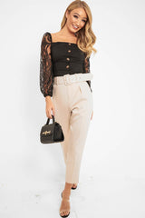Black Lace Puff Sleeve Button Front Top - Linette-Tops