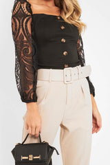 Black Lace Puff Sleeve Button Front Top - Linette-Tops