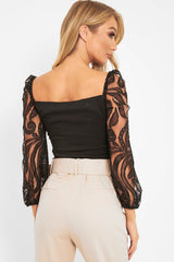 Black Lace Puff Sleeve Button Front Top - Linette-Tops