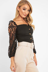Black Lace Puff Sleeve Button Front Top - Linette-Tops
