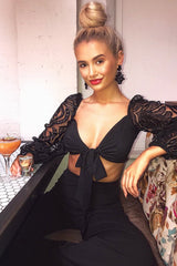 Black Lace Puff Sleeve Tie Front Crop Blouse - Nishka-Blouse