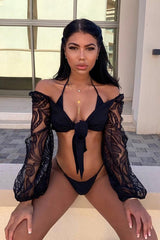 Black Lace Puff Sleeve Tie Front Crop Blouse - Nishka-Blouse