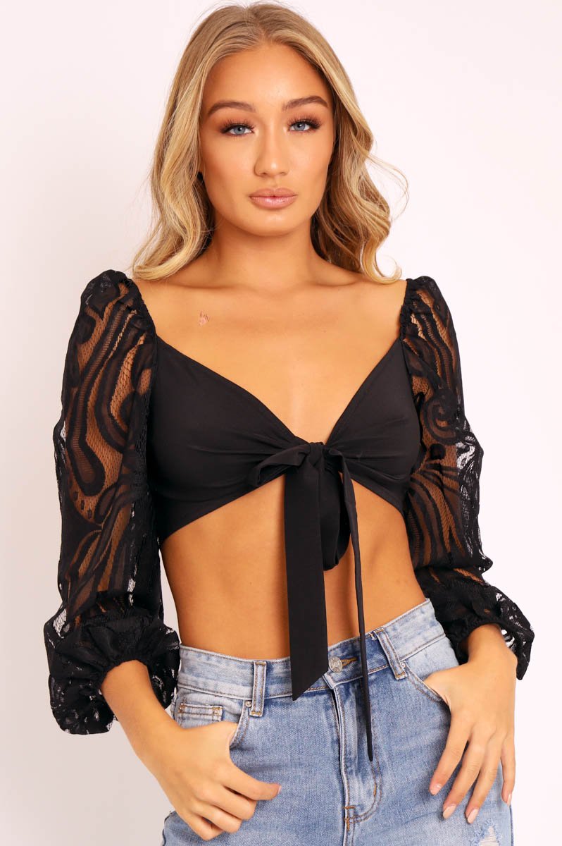 Black Lace Puff Sleeve Tie Front Crop Blouse - Nishka-Blouse