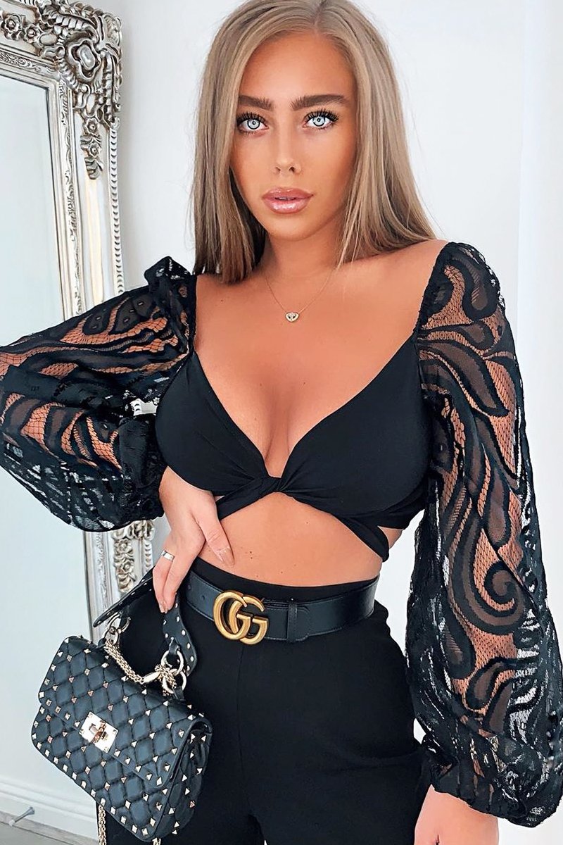 Black Lace Puff Sleeve Tie Front Crop Blouse - Nishka-Blouse