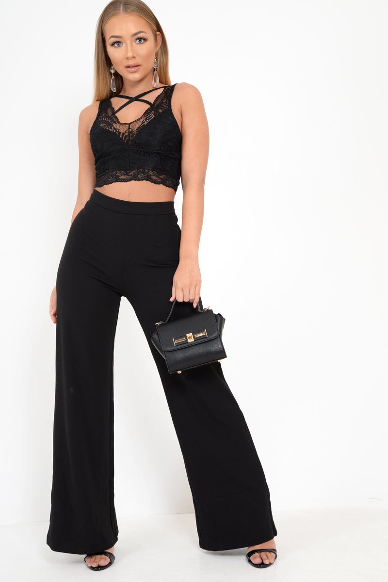 Black Lace Scallop Strappy Crop Top - Kensly-Tops