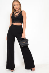 Black Lace Scallop Strappy Crop Top - Kensly-Tops