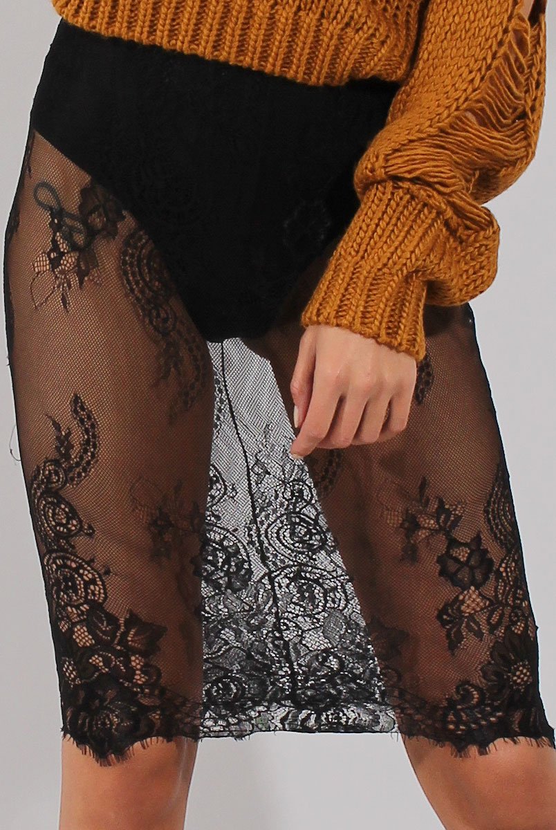 Black Lace Sheer Bodycon Skirt - Chloe-Skirts