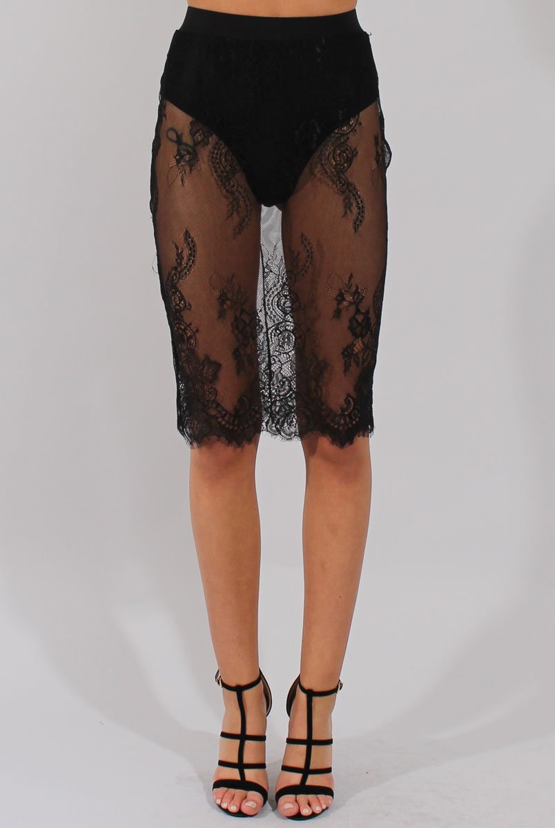 Black Lace Sheer Bodycon Skirt - Chloe-Skirts