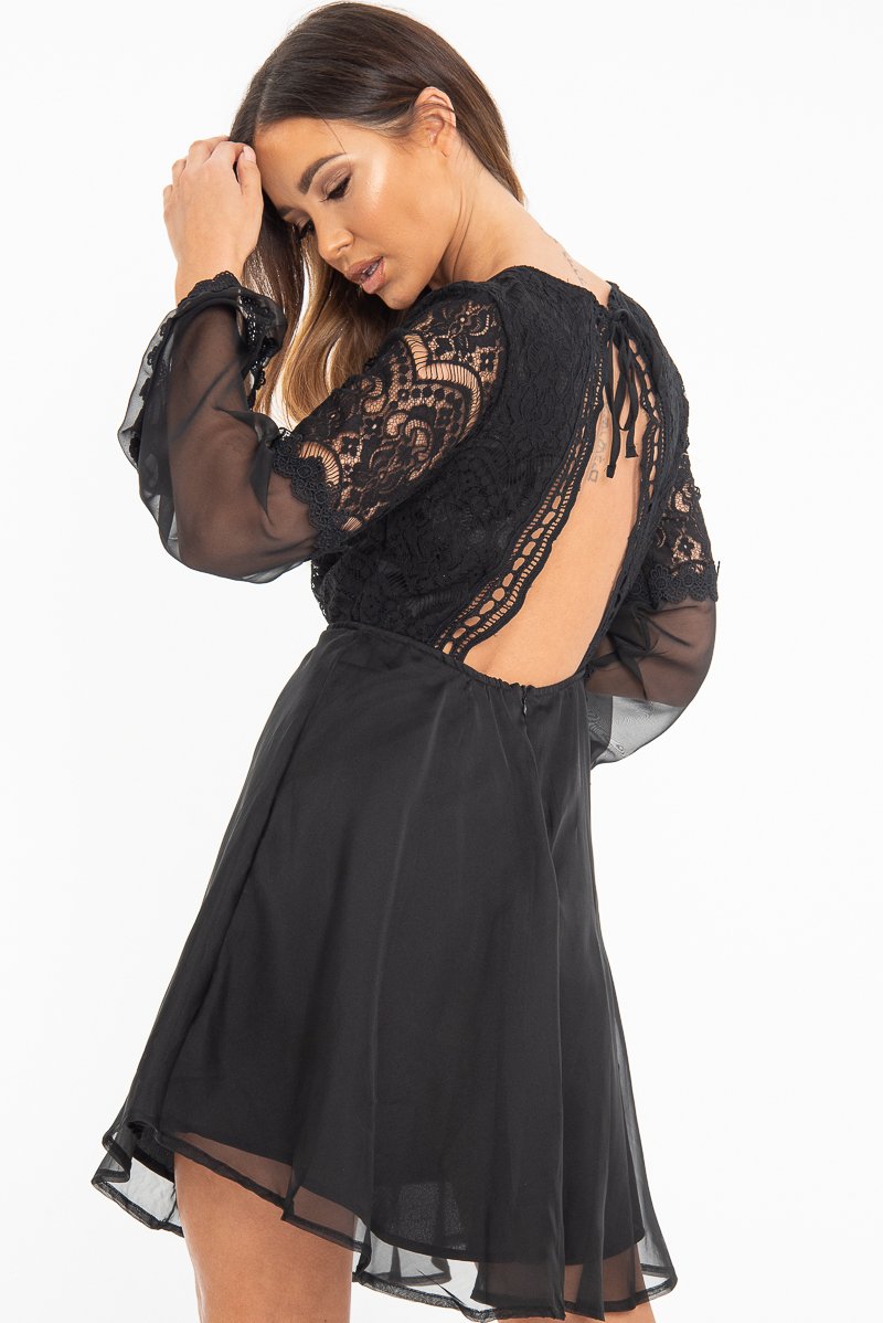 Black Lace Sheer Detail Plunge Skater Dress - Mayci Rebellious Fashion Black Lace Sheer Detail Plunge Skater Dress - Mayci Rebellious Fashion