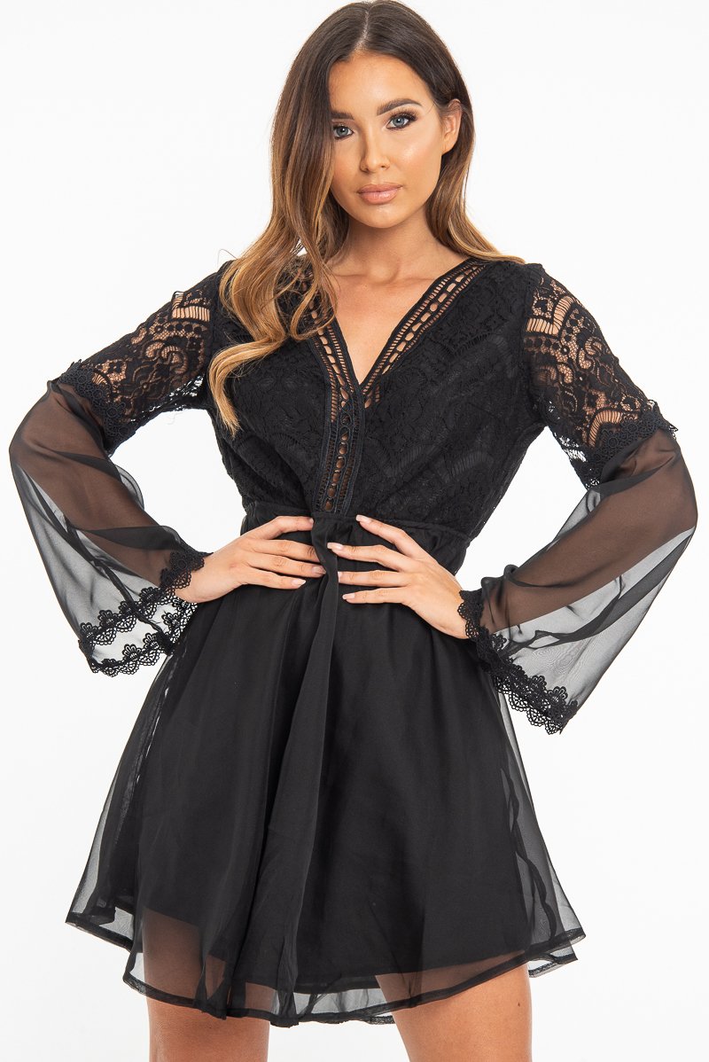 Black Lace Sheer Detail Plunge Skater Dress - Mayci-Dresses