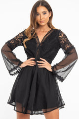 Black Lace Sheer Detail Plunge Skater Dress - Mayci-Dresses