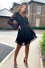 Black Lace Sheer Detail Plunge Skater Dress - Mayci-Dresses