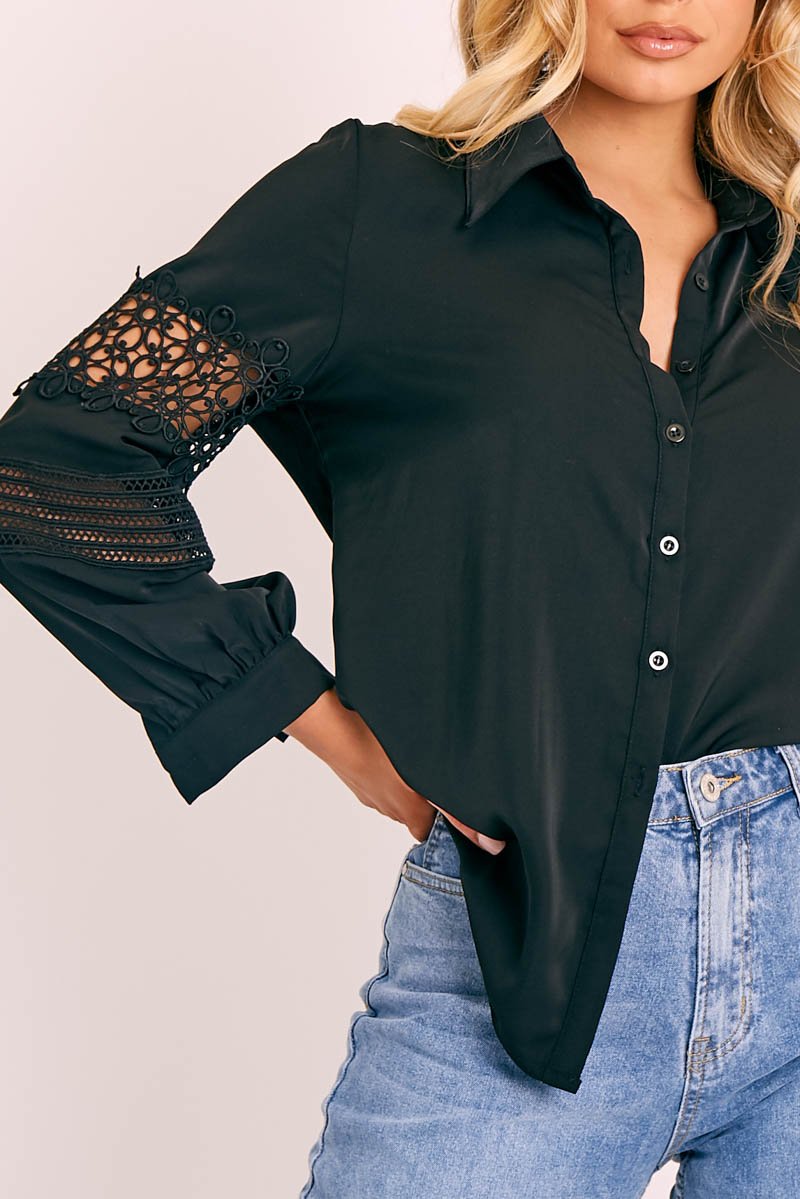 Black Lace Sleeve Button Up Shirt - Eislee-Shirts