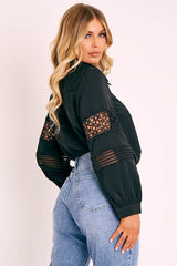 Black Lace Sleeve Button Up Shirt - Eislee-Shirts