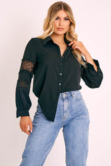 Black Lace Sleeve Button Up Shirt - Eislee-Shirts