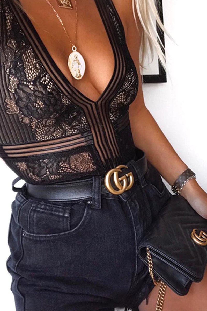 Black Lace Sleeveless Open Back Bodysuit - Molina-Bodysuits