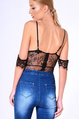 Black Lace Strappy Bardot Strap Bodysuit - Reanne-Bodysuits