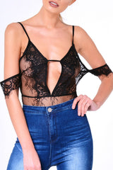 Black Lace Strappy Bardot Strap Bodysuit - Reanne-Bodysuits