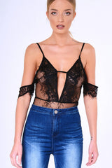 Black Lace Strappy Bardot Strap Bodysuit - Reanne-Bodysuits