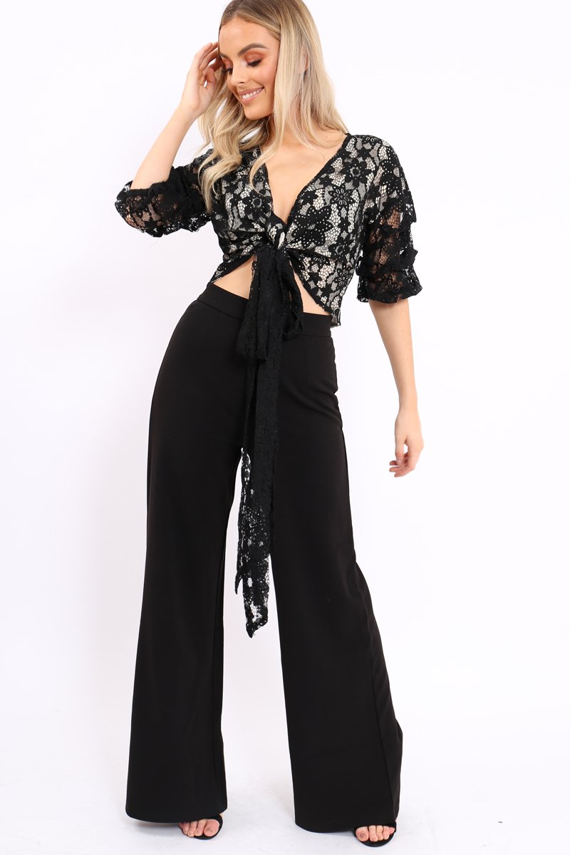 Black Lace Tie Crop Top - Aurora-Crop Tops