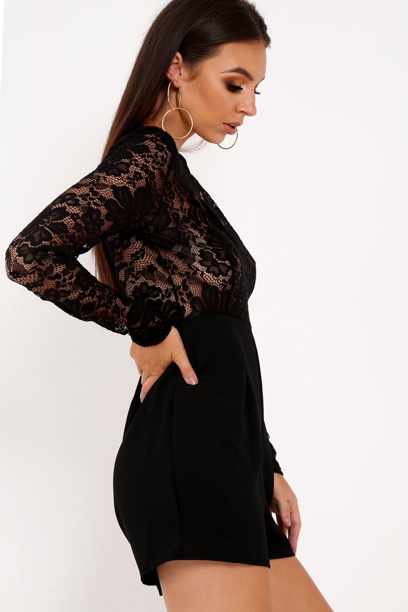 Black Lace Top Plunge Playsuit - Nicha-Playsuits
