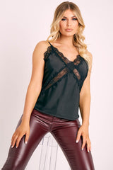 Black Lace Trim Cami Top - Analissa-Tops
