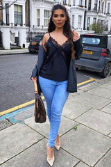 Black Lace Trim Cami Top - Analissa-Tops