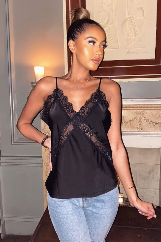 Black Lace Trim Cami Top - Analissa