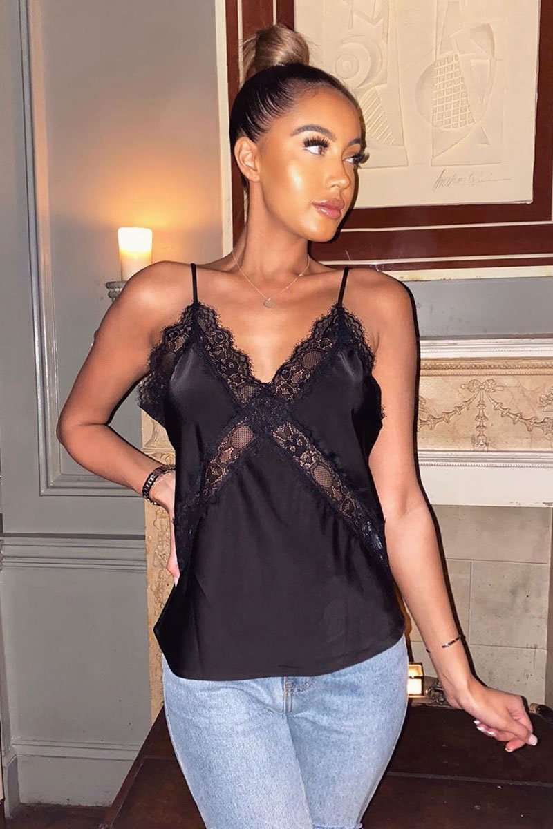 Black Lace Trim Cami Top - Analissa-Tops
