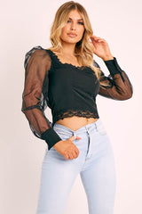 Black Lace Trim Puff Sleeve Crop Top - Bethan-Crop Tops