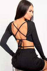 Black Lace Up Back Long Sleeve Crop Top - Malaina-Crop Tops