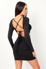 Black Lace Up Back Long Sleeve Crop Top - Malaina-Crop Tops