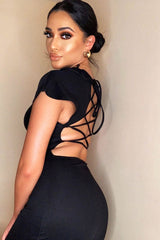 Black Lace Up Back Peplum Dress - Bryna-Dresses