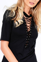Black Lace Up Choker T-Shirt Dress - Brooklynn-Dresses