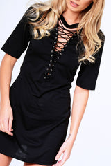 Black Lace Up Choker T-Shirt Dress - Brooklynn-Dresses