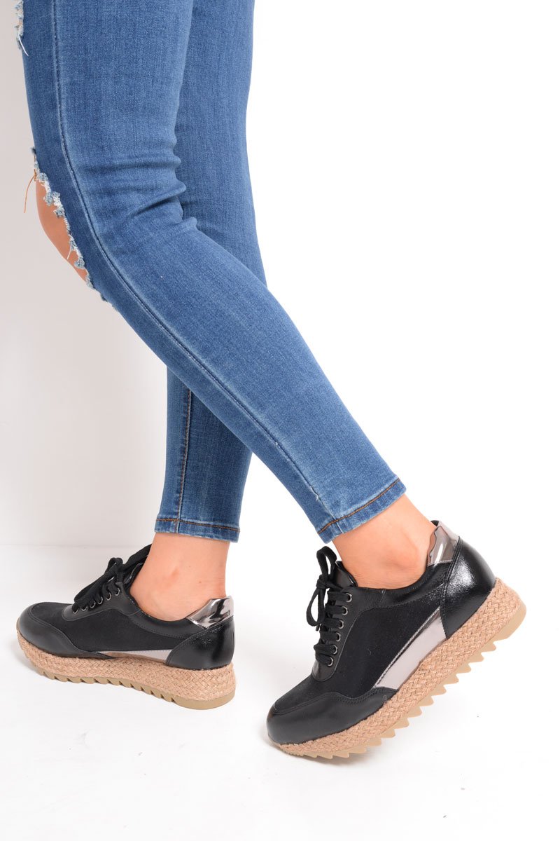 Black Lace Up Chunky Espadrille Trainers - Emmarie-Trainers