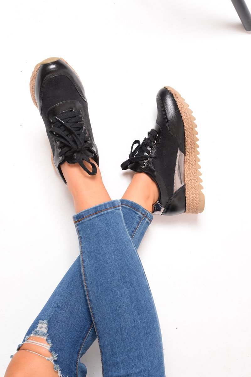 Black Lace Up Chunky Espadrille Trainers - Emmarie-Trainers