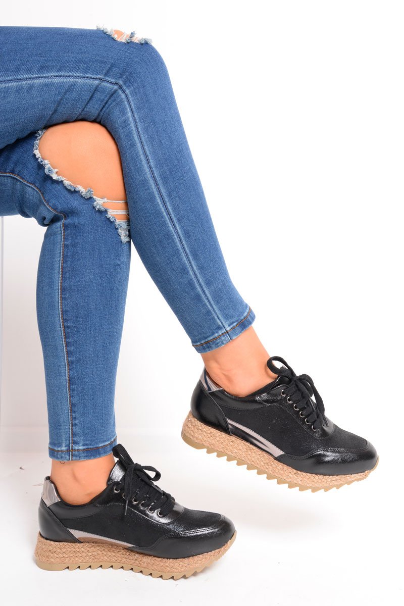 Black Lace Up Chunky Espadrille Trainers - Emmarie-Trainers