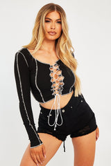 Black Lace Up Contrast Stich Long Sleeve Crop Top - Mitzi-Crop Tops