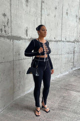 Black Lace Up Contrast Stich Long Sleeve Crop Top - Mitzi-Crop Tops