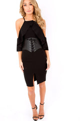 Black Lace Up Corset Belt Dress - Shlya-Dresses