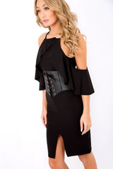 Black Lace Up Corset Belt Dress - Shlya-Dresses