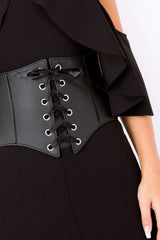 Black Lace Up Corset Belt Dress - Shlya-Dresses
